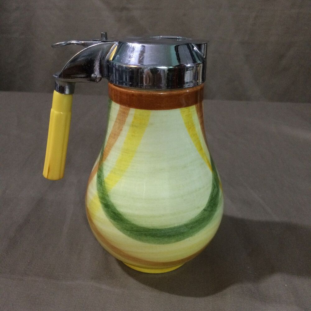 Vintage Vernonware Homespun Syrup Dispenser Chrome Dripcut Lid Yellow Handle